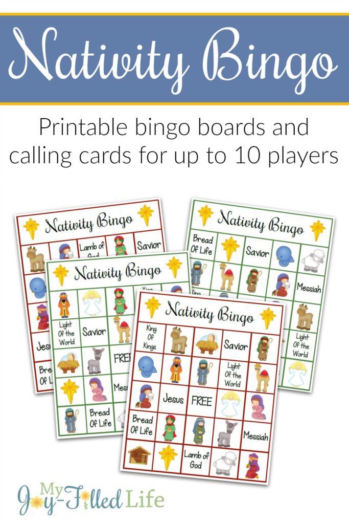 Printable Nativity Bingo game with boards for up to 10 players.