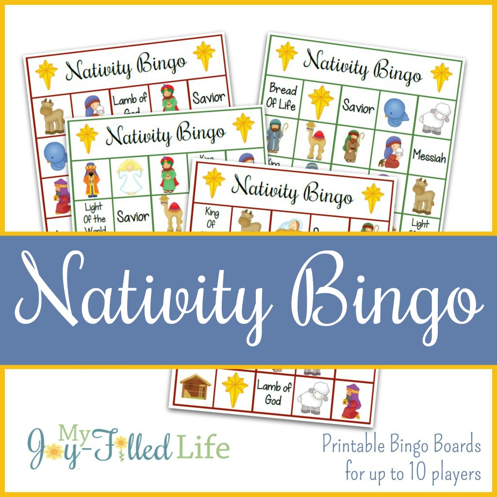 Printable Nativity Bingo game with boards for up to 10 players.