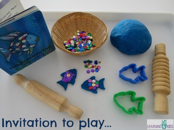 invitation-to-play-with-the-rainbow-fish-story-book-and-play-dough-with-sequins
