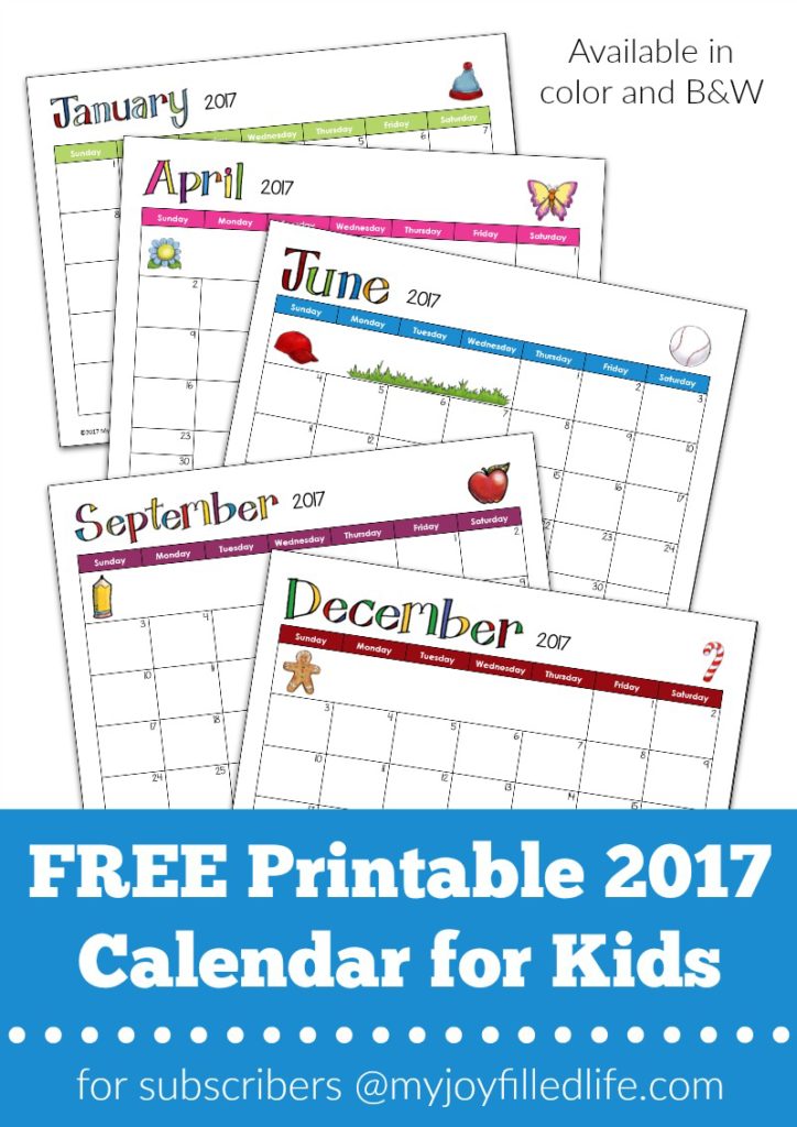 FREE Printable 2017 Calendar for Kids