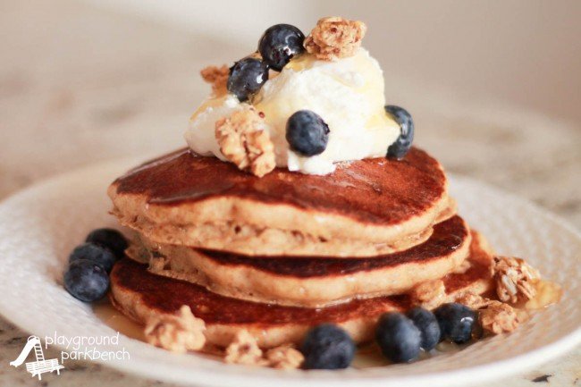 Blueberry-Pancakes-with-Quaker-Real-Medleys-SuperGrains-Granola-Close-Up-650x433
