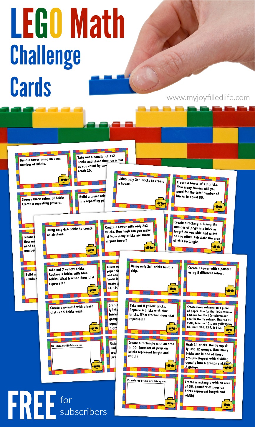 Here is a fun way to combine Legos and math.  These Lego math challenge cards will help make math more fun and memorable for your kids. #lego #math #freeprintable #homeschoolprintable #mathgames #mathchallenge #legomath