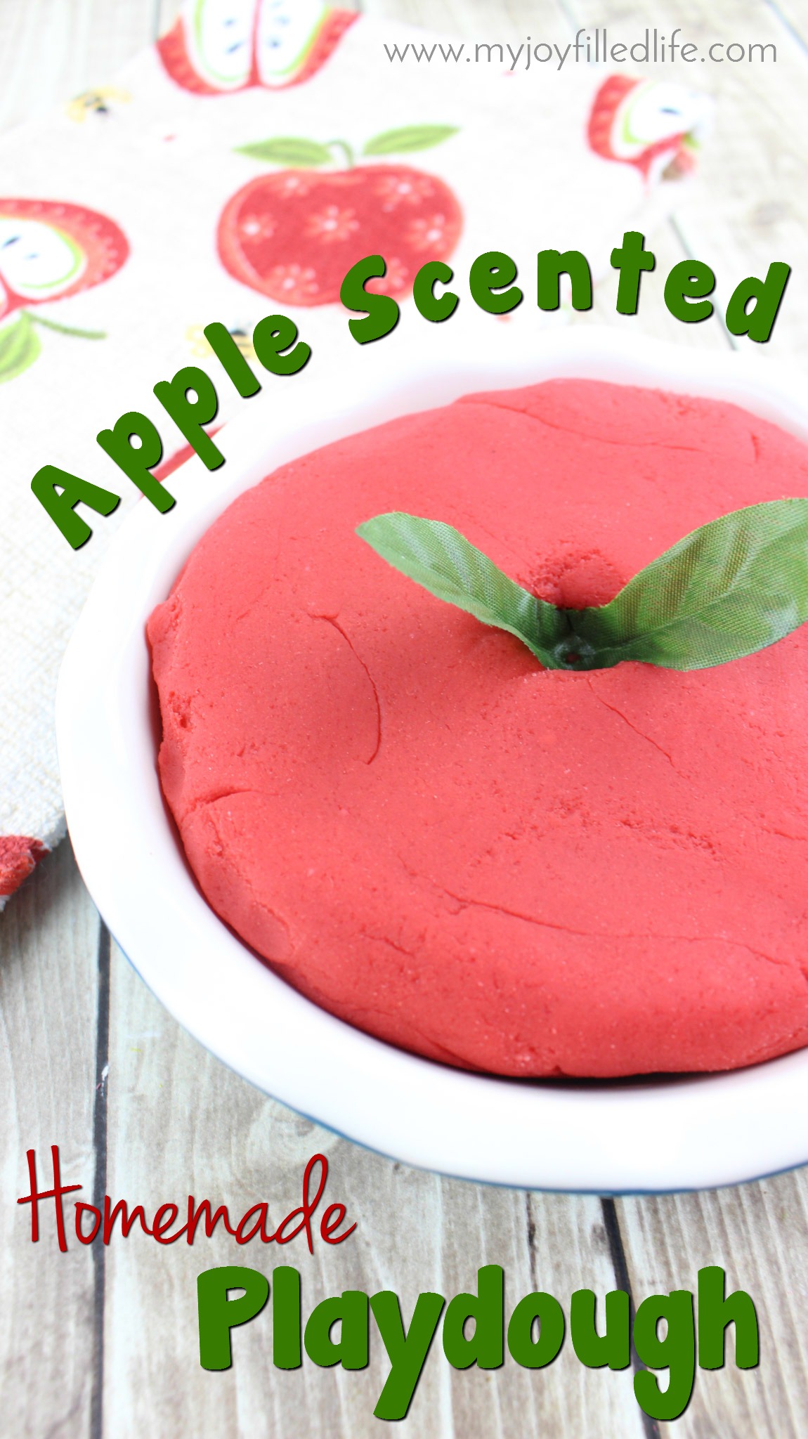Enjoy the sweet, crisp aroma of apples with this easy to make homemade playdough. Be sure to check out the fun apple playdough activity suggestions at the bottom of the post too! #apples #homemadeplaydough #playdough