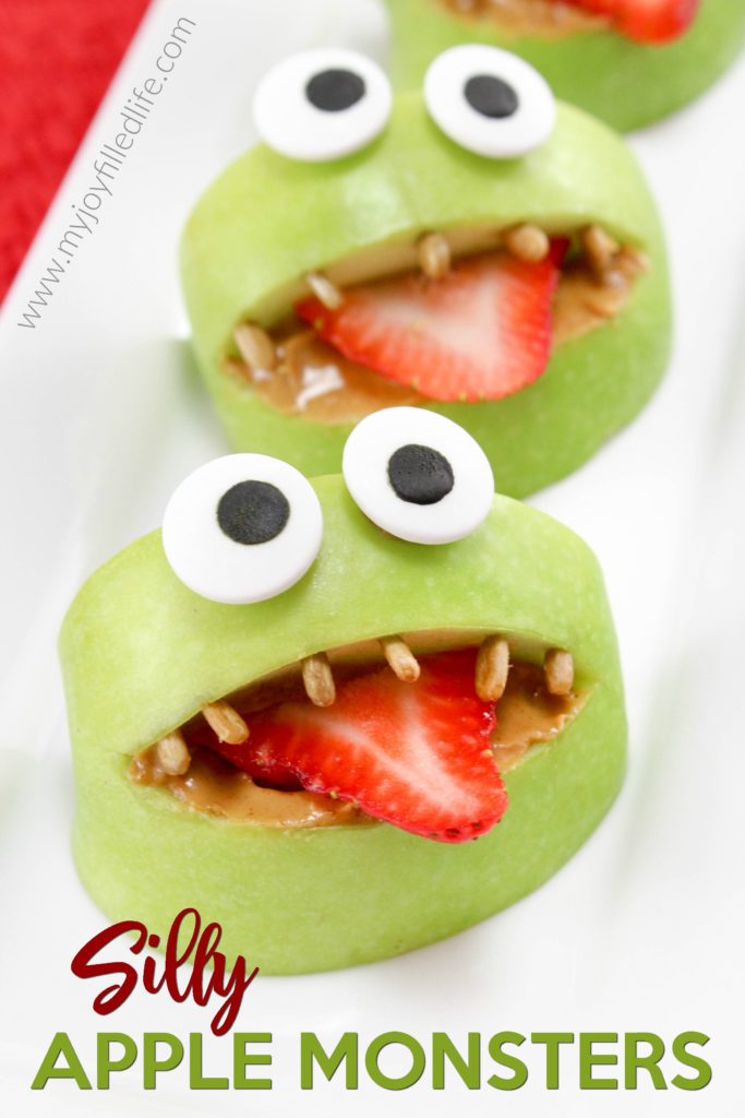 Make snack time fun with these silly apple monsters - easy to make and healthy too. Your kids will love this apple snack. #kidfood #funfood #snacktime