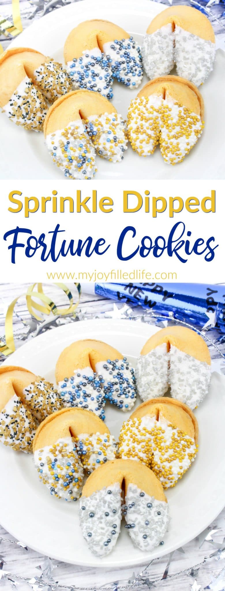 These sprinkle dipped fortune cookies are a great way to dress up your party spread and would make a great party favor as well. #partyfavor #fortunecookie
