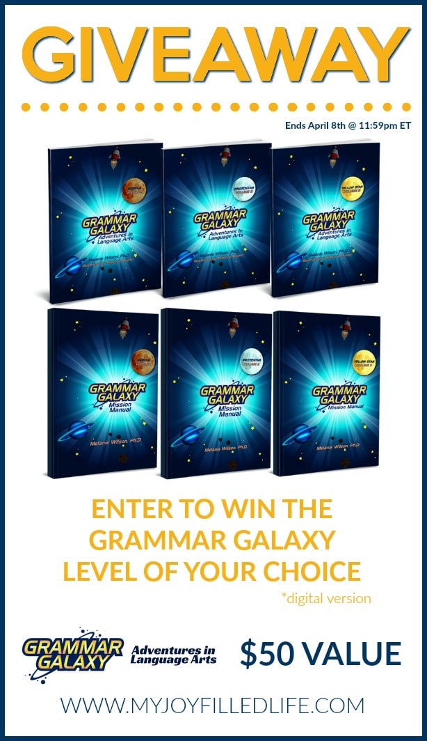 Enter to win the Grammar Galaxy level of your choice! Ends April 8, 2018; $50 value! #homeschoolgiveaway #thriftyhomeschool #homeschoolgrammar