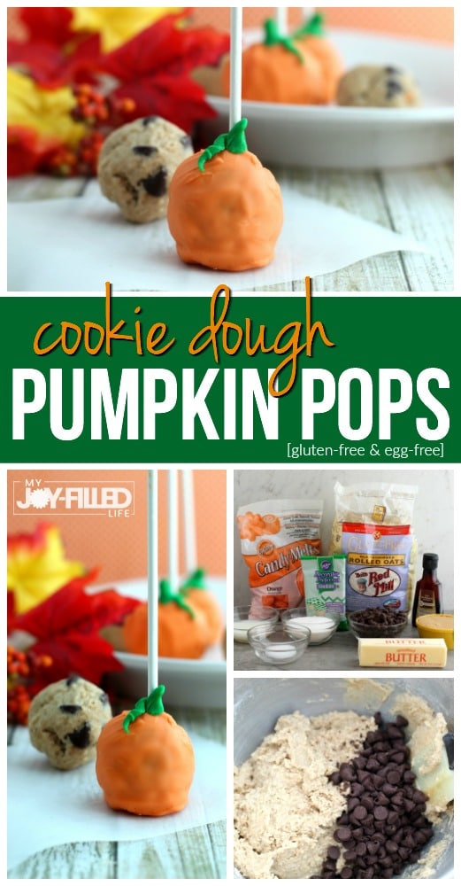 These cookie dough pumpkin pops are the perfect gluten-free, egg-free treat for your next fall or harvest party. Food is better on a stick. #cookiedough #glutenfree #pumpkinpops #falltreat #harvestparty