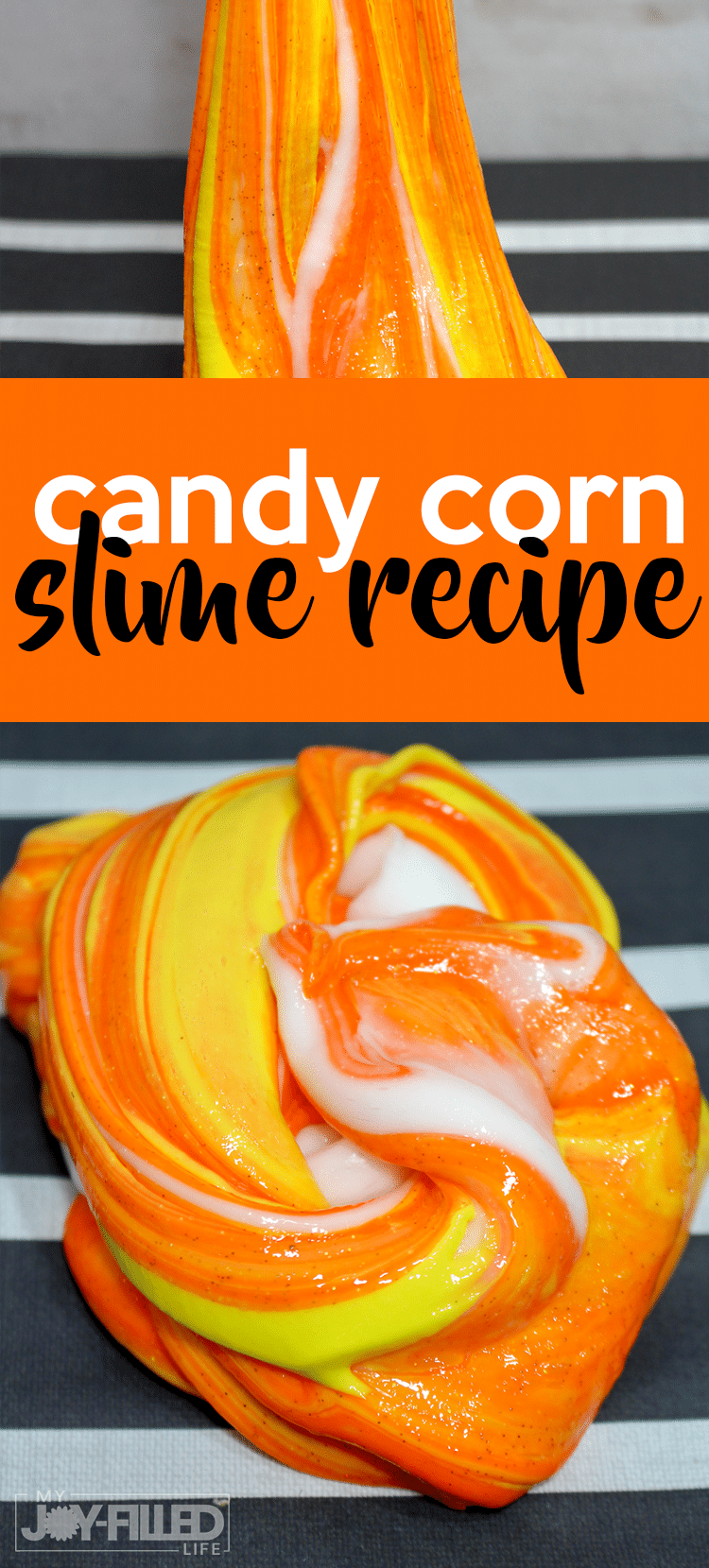This candy corn slime is the PERFECT slime recipe for fall! It's such a fun diy slime and the kids are sure to have fun playing with this slime recipe! #slime #candycorn