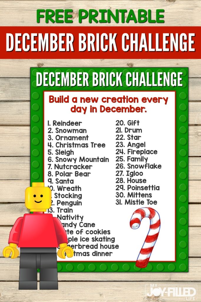 Downloadable, printable page with 31 Lego brick building prompts related to the month of December. #LEGO #legochallenge #freeprintable