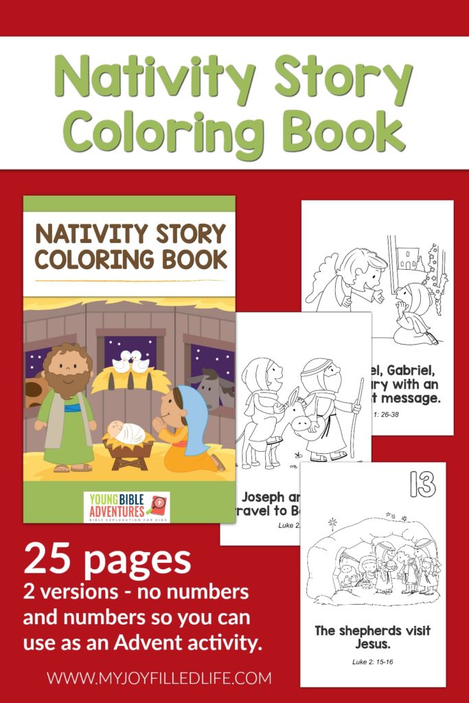 25 page printable nativity coloring book that will take you through the nativity story; two versions and scripture references included. #coloringbook #christmas #nativity #printable
