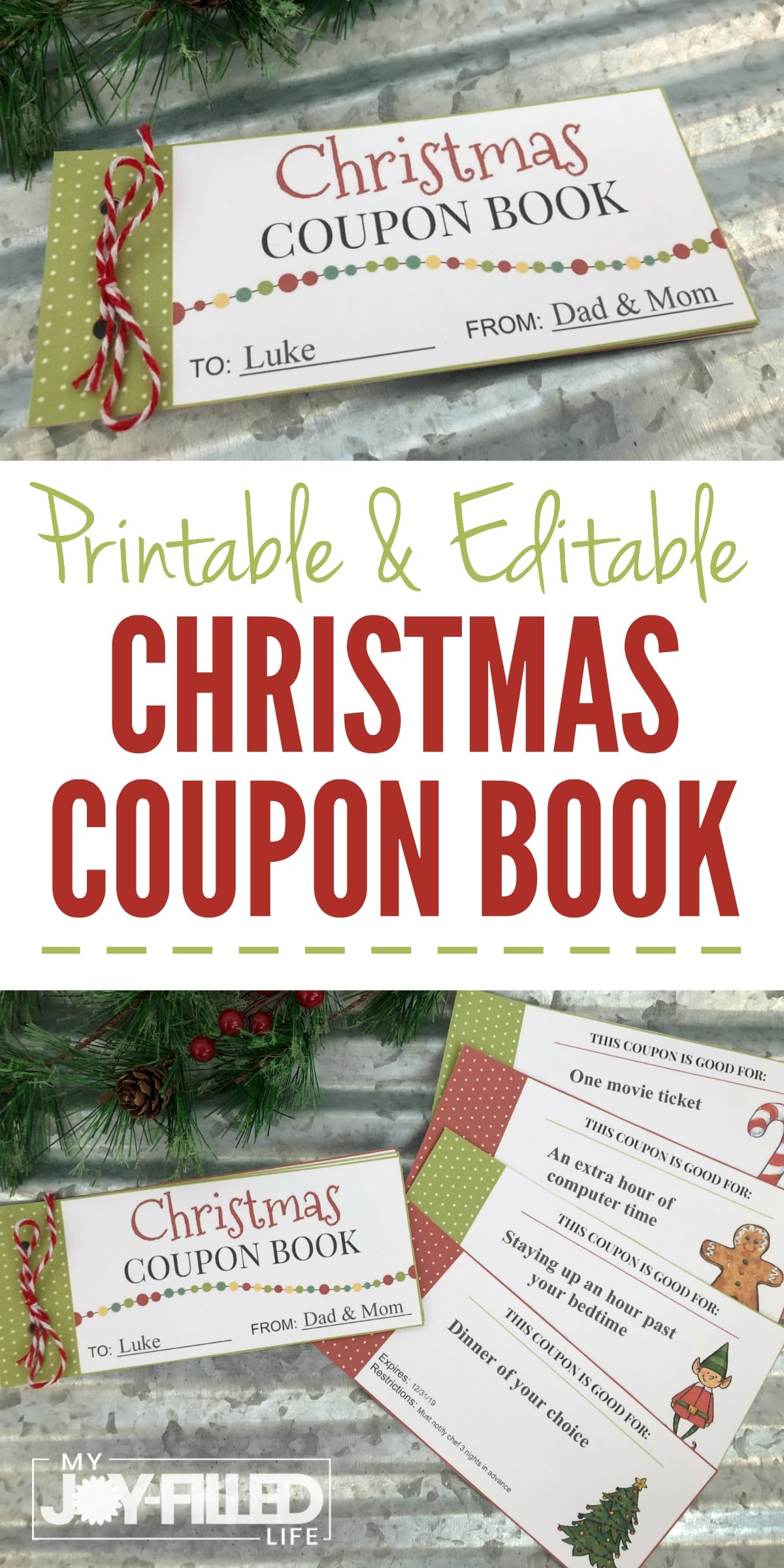 If you need a last minute Christmas gift, this printable and editable Christmas Coupon Book is the perfect thing! Totally customizable! #christmas #christmasgift #homemadechristmas #lastminutegift #couponbook