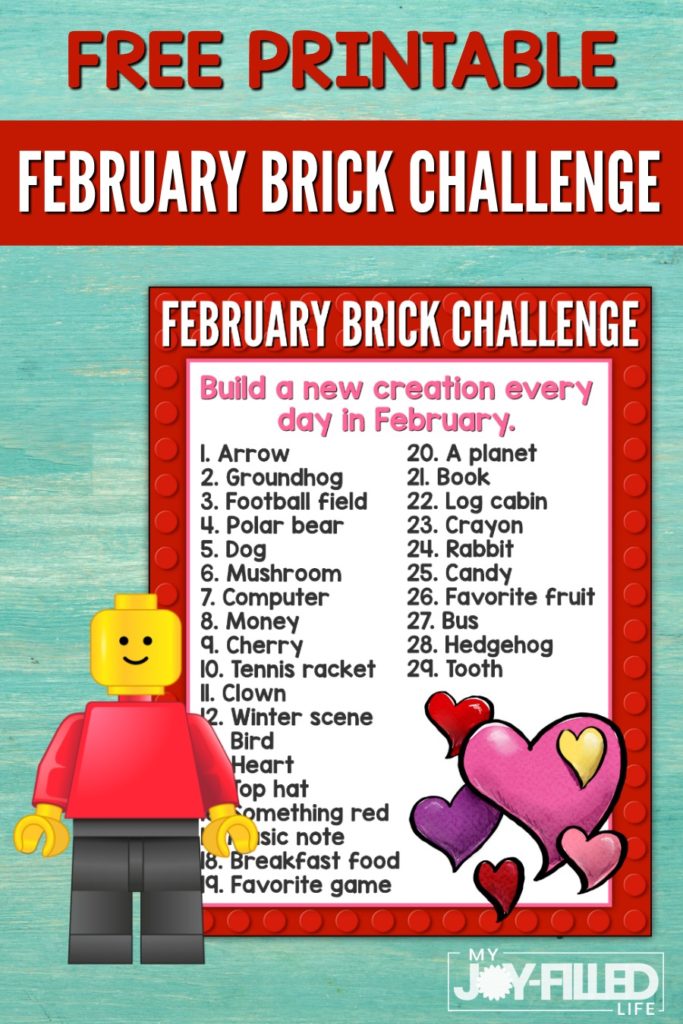 Downloadable, printable page with 29 Lego brick building prompts related to the month of February. #LEGO #legochallenge #freeprintable