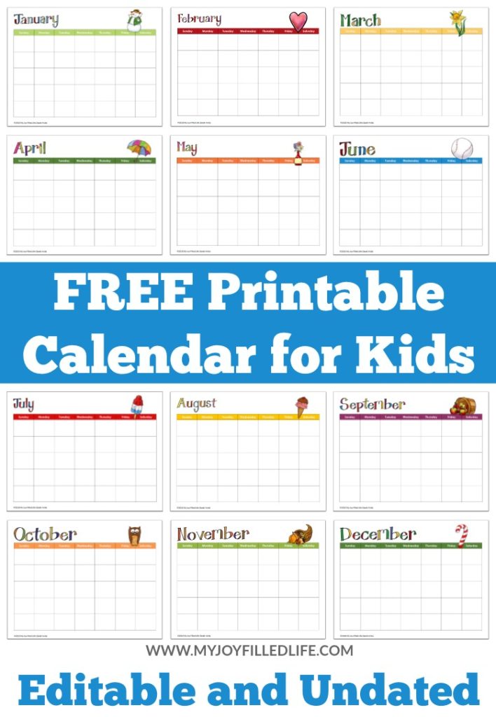 This free printable calendar for kids is editable and undated so you can use it year after year. #freeprintable #calendar #printablecalendar