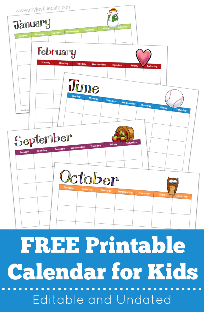 This free printable calendar for kids is editable and undated so you can use it year after year. #freeprintable #calendar #printablecalendar