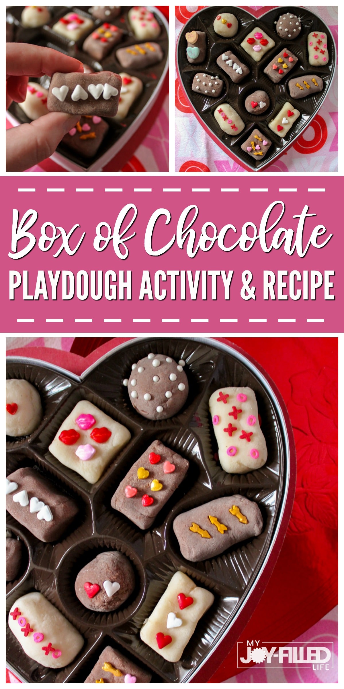 Kids will have so much fun with this box of chocolate playdough activity and recipe. It's sure to spark your child's imagination and creativity. #playdough #sensoryplay #pretendplay