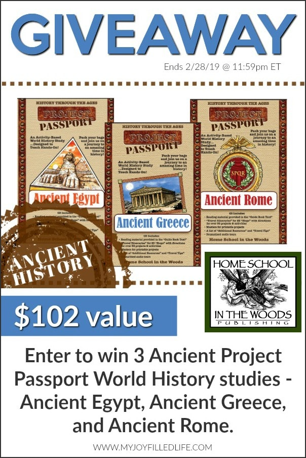 Enter to win Ancient Project Passport Studies from Home School in the Woods - $102 value! #homeschooling #homeschoolgiveaway #worldhistory