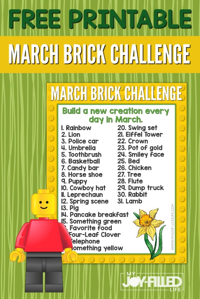 Get a March Lego brick challenge printable page with 31 Lego brick building prompts related to the month of March. #LEGO #legochallenge #freeprintable