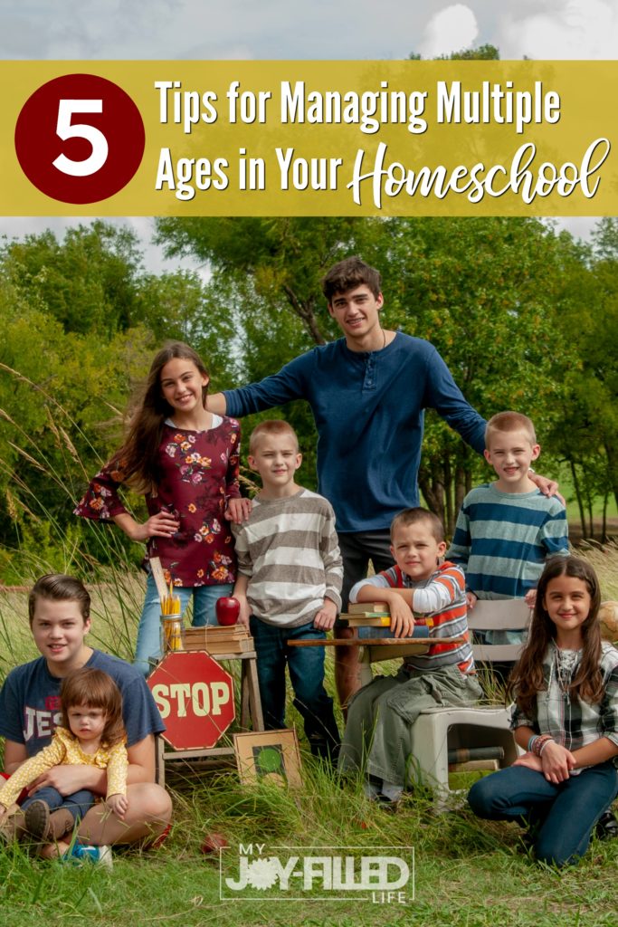 Managing your homeschool with multiple ages of children is possible. And it doesn't have to leave you constantly feeling frustrated and overwhelmed. Try these tips to bring some balance and peace into your homeschool days. #homeschooling #homeschoollife #largefamily #helpforthehomeschoolmom