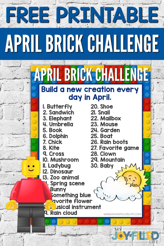 Get an April Lego challenge printable page with 30 Lego brick building prompts related to the month of April. #legos #legobuilds #legochallenge #freeprintable