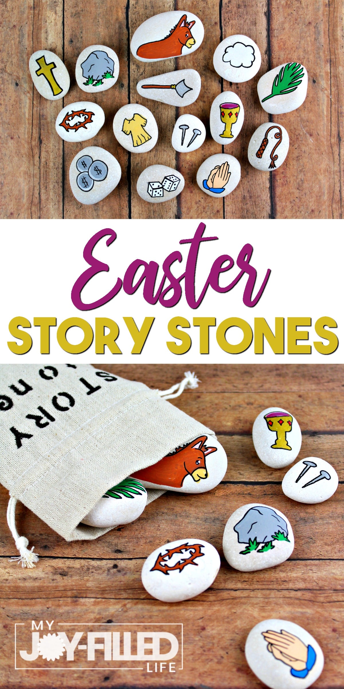 Easter story stones help to keep Christ at the center of Easter - use them as story props or a scavenger hunt, or even as a gift. #Easter #storystones #heisrisen