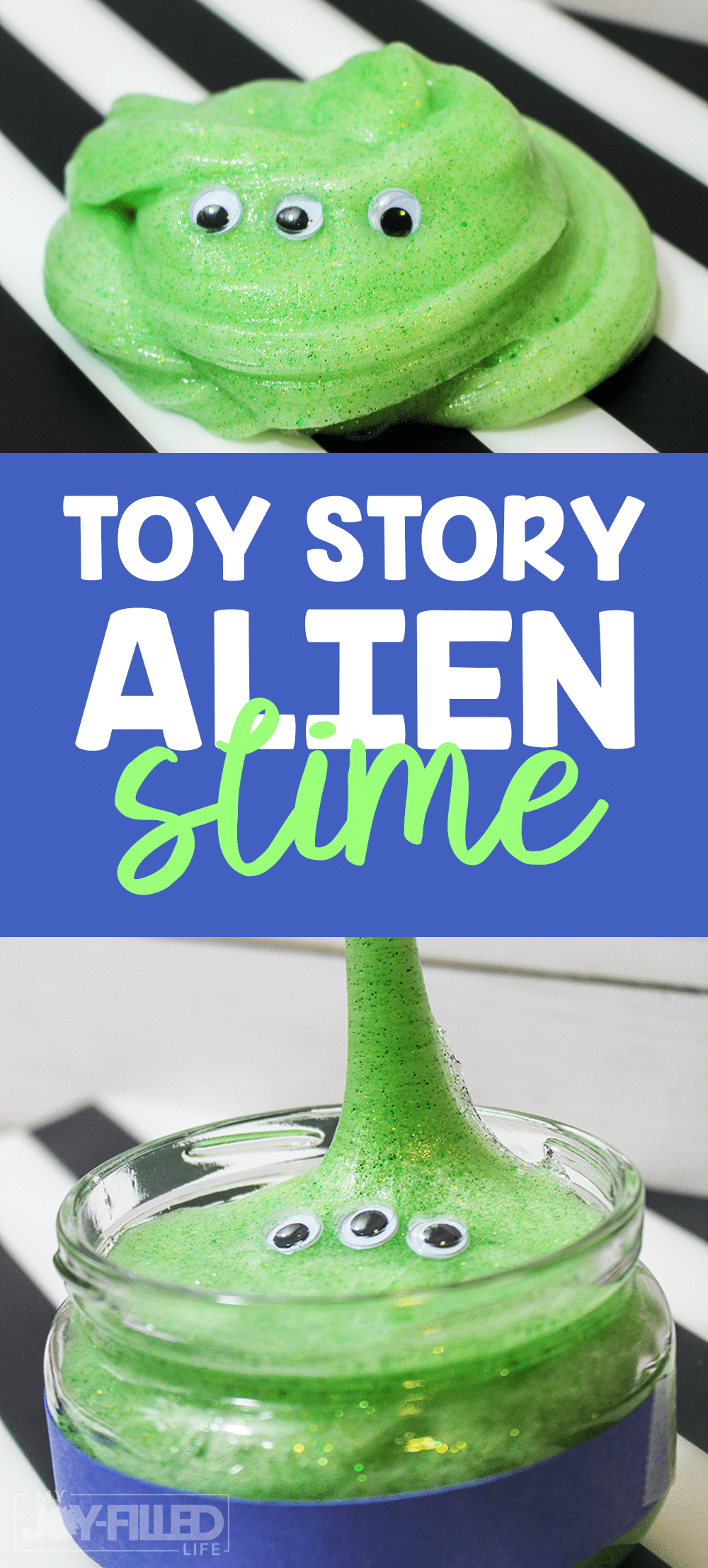 If your kids love Disney's Toy Story, they will love this Toy Story Slime! This green toy story alien slime is not only easy to make but so much fun to play with! #toystory #toystory4 #slime #slimerecipe #toystoryslime