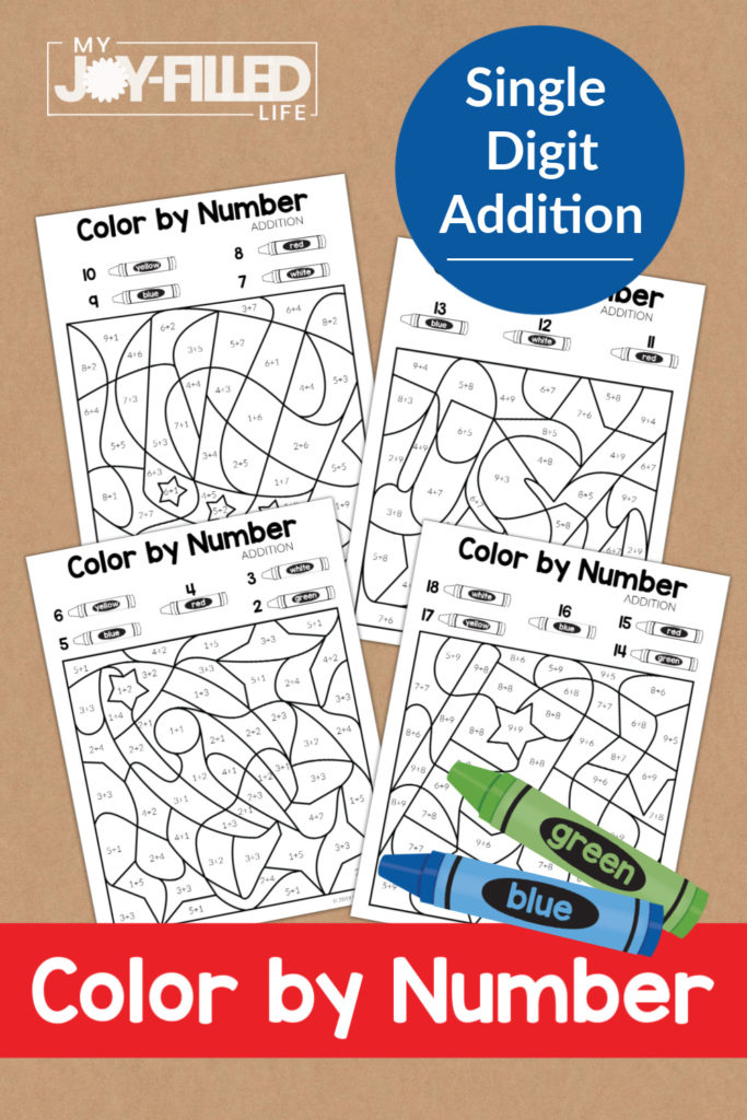 If your child is working on simple addition, these color by number printables are a great, independent activity for summer. #colorbynumber #addition #mathfacts #freeprintables