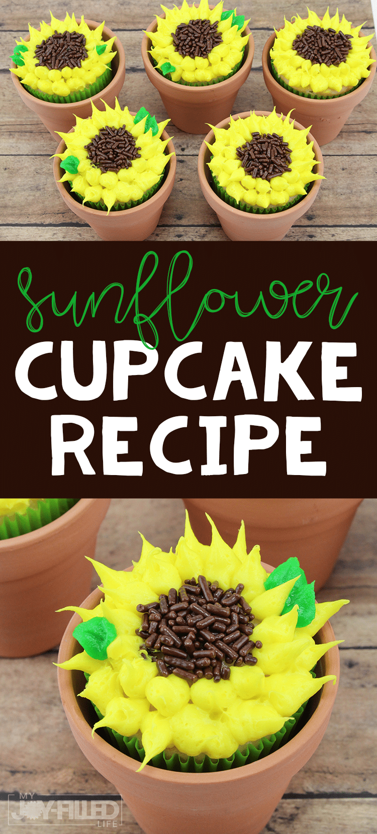 If you're looking for the perfect cupcake for your next summer or fall gathering, you are going to love this sunflower cupcakes recipe. So cute and easy to make! #cupcakes #sunflowers #sunflowercupcakes
