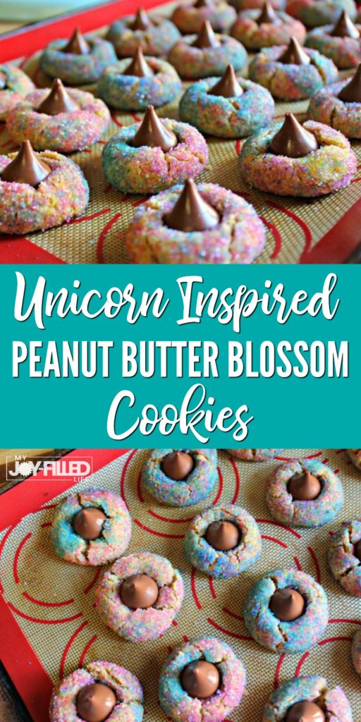 These unicorn peanut butter blossom cookies are not only easy to make, but they are sure to be a favorite at your next unicorn-themed party. #unicorn #cookies #cookierecipe #unicornparty