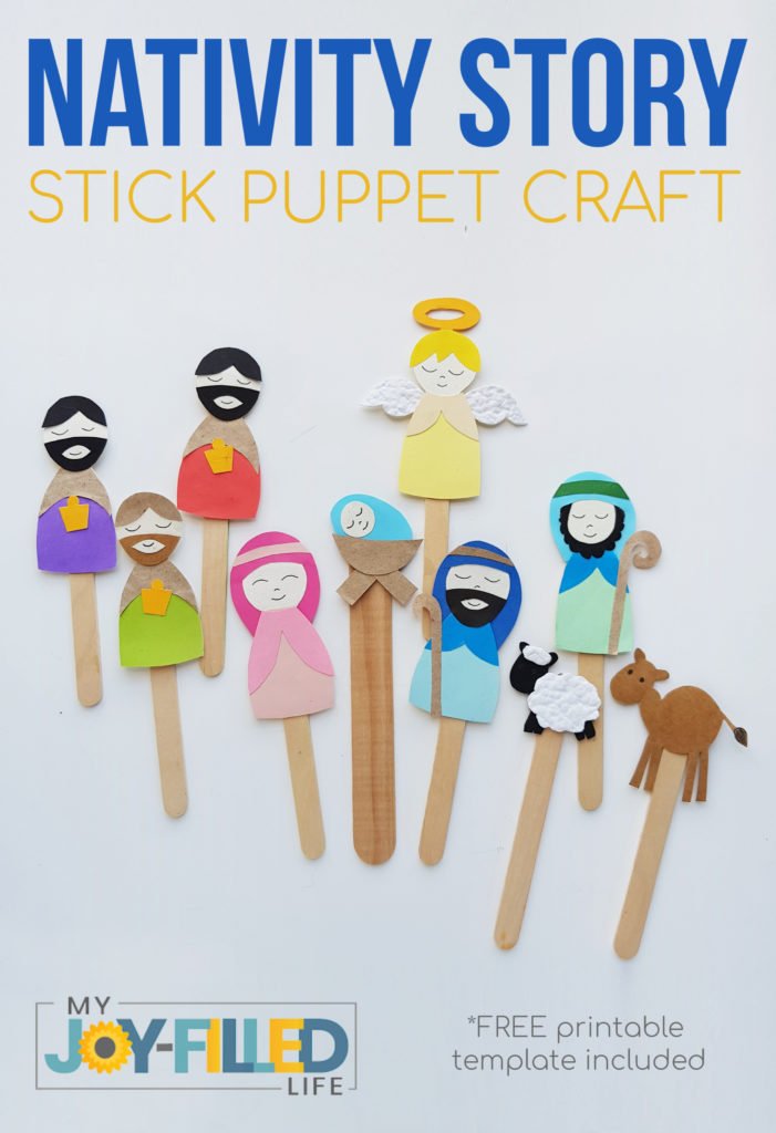 Make the Christmas story come alive with this nativity story puppet craft. Includes free printable character template. Fun for the whole family! #nativity #nativitystory #Christmascraft #stickpuppets