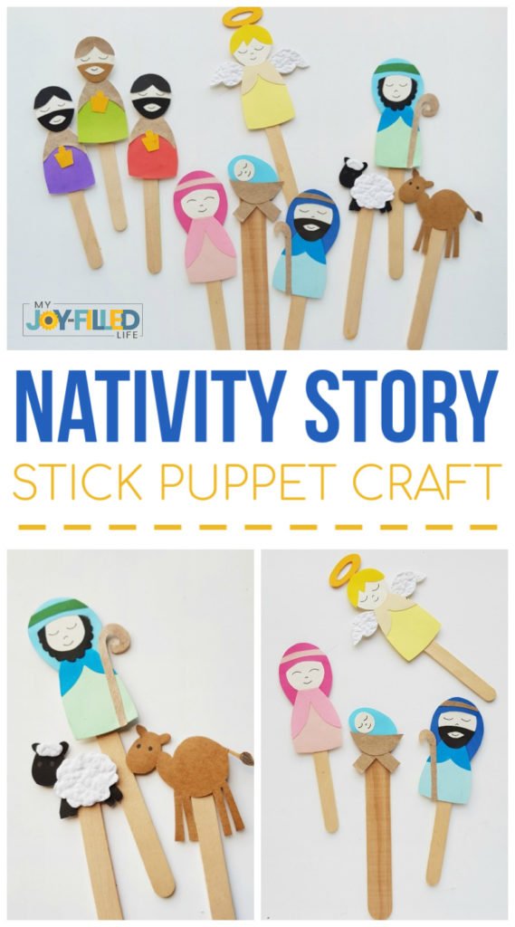 Make the Christmas story come alive with this nativity story puppet craft. Includes free printable character template. Fun for the whole family! #nativity #nativitystory #Christmascraft #stickpuppets