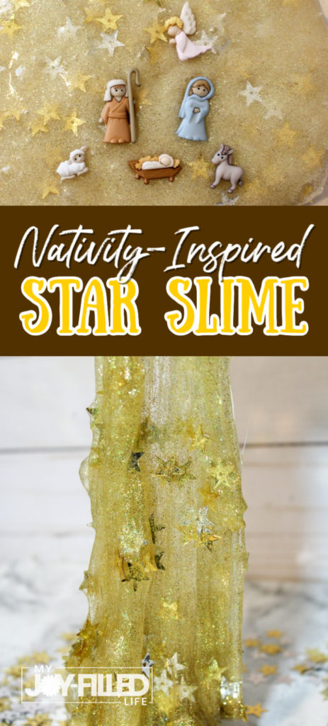If your child loves slime, this nativity star slime is a great project to do this Christmas. This slime makes a great gift or a great sensory activity. #nativity #slime #sensoryplay #jesusisthereason
