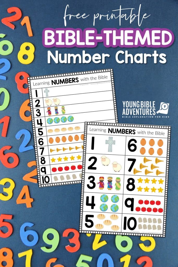 Learning numbers with the Bible is easy & fun with these printable number charts. Your child needs to learn numbers, why not learn them alongside the Bible? #biblenumbers #freeprintable #homeschoolprintable #youngbibleadventures #learningnumbers 