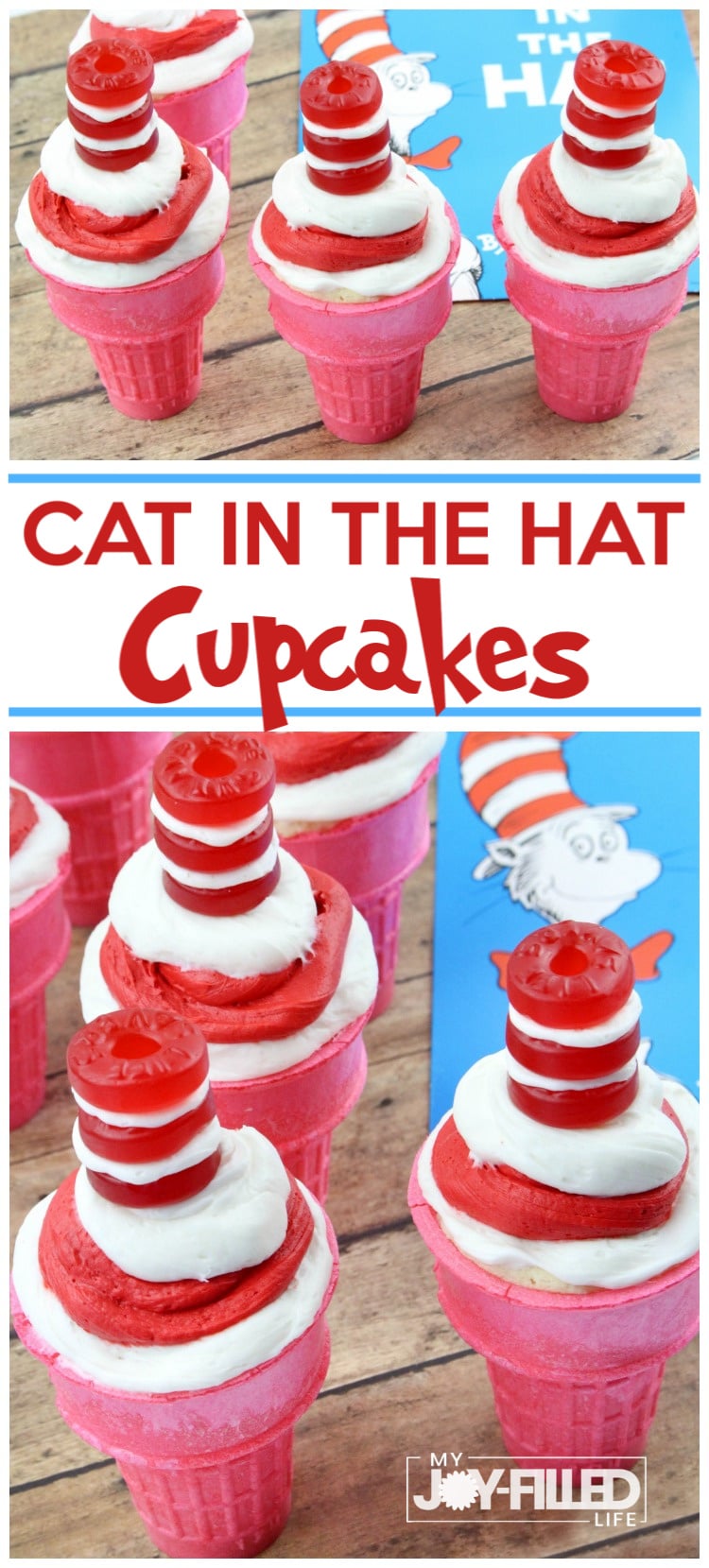 Cupcakes made in ice cream cones and deocrated to look like the hat from Dr. Seuss' The Cat in the Hat