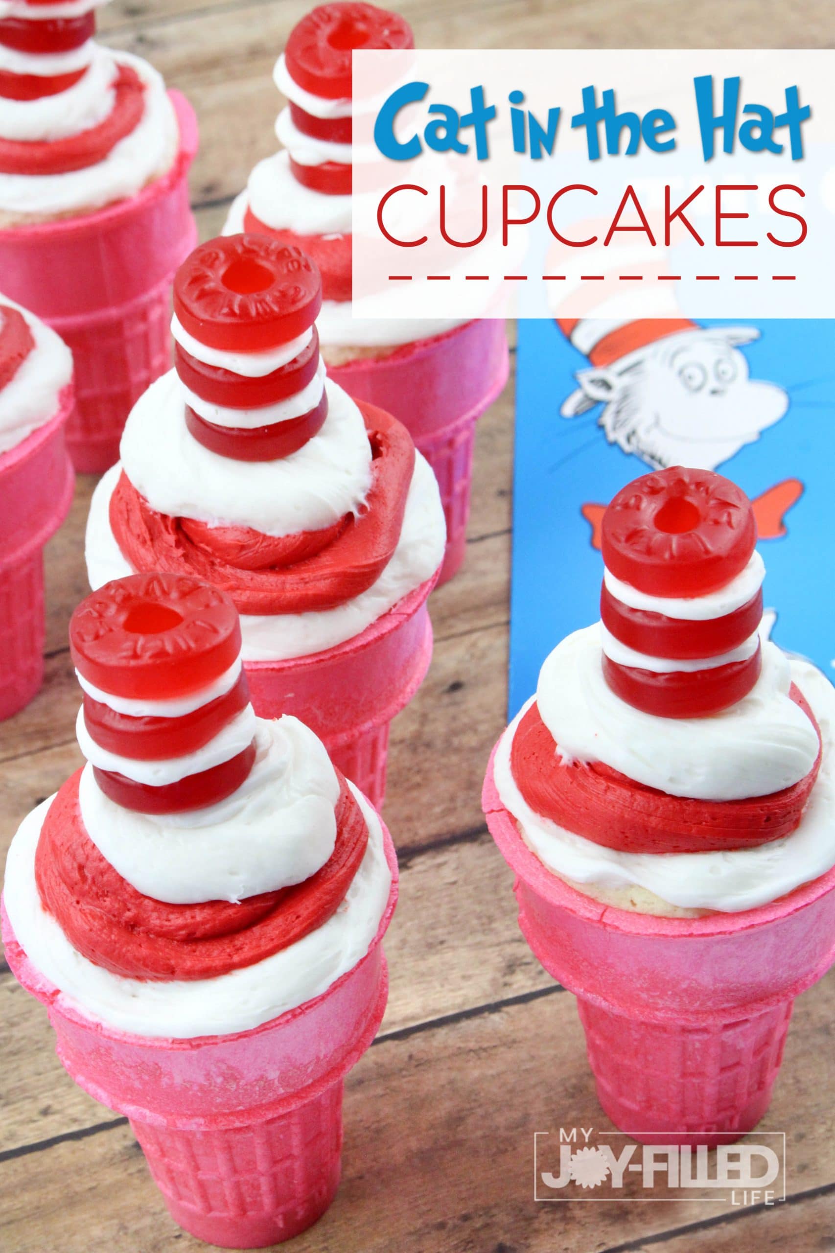 Cupcakes made in ice cream cones and deocrated to look like the hat from Dr. Seuss' The Cat in the Hat