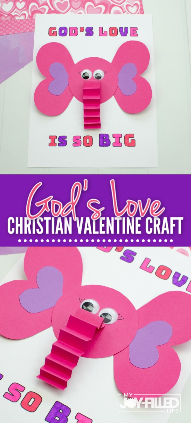 Pink and purple elephant complete elephant craft that says God's love is so BIG