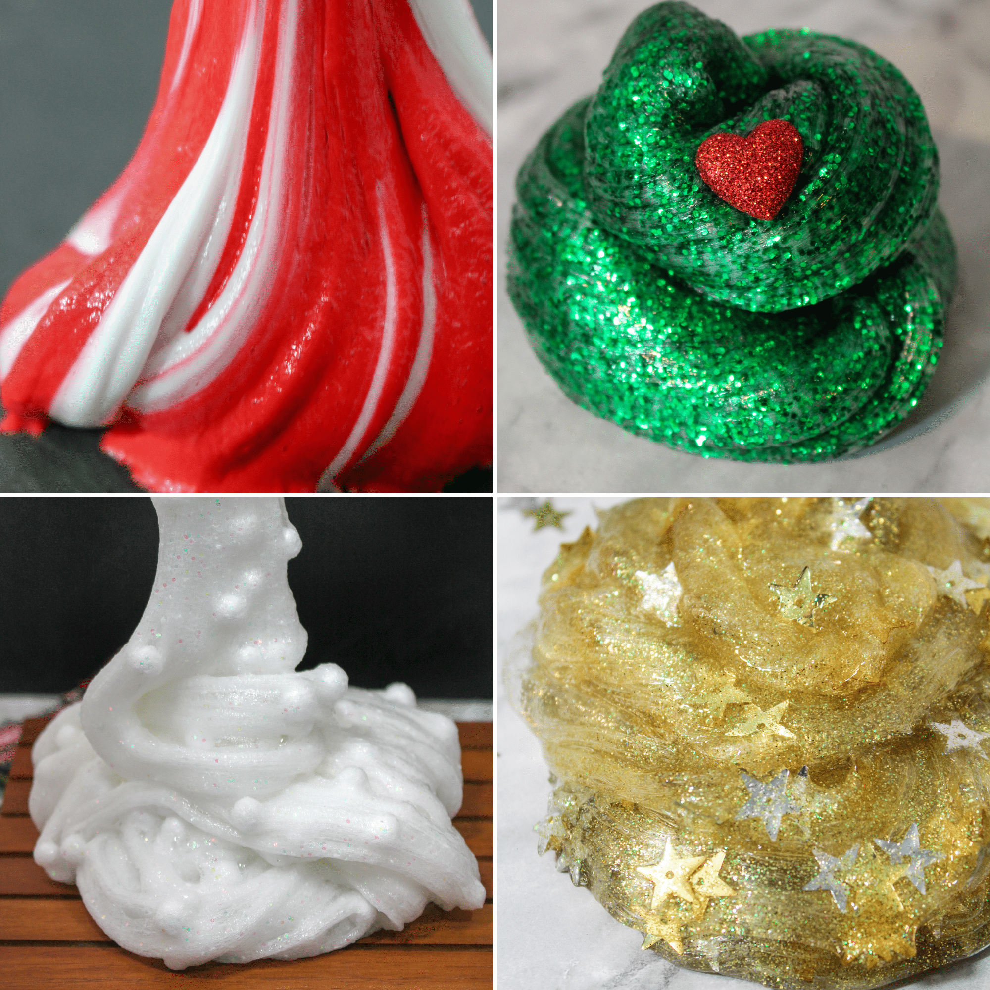 4 Christmas Slime ideas - candy cane slime, Grinch slime, snow slime, star slime