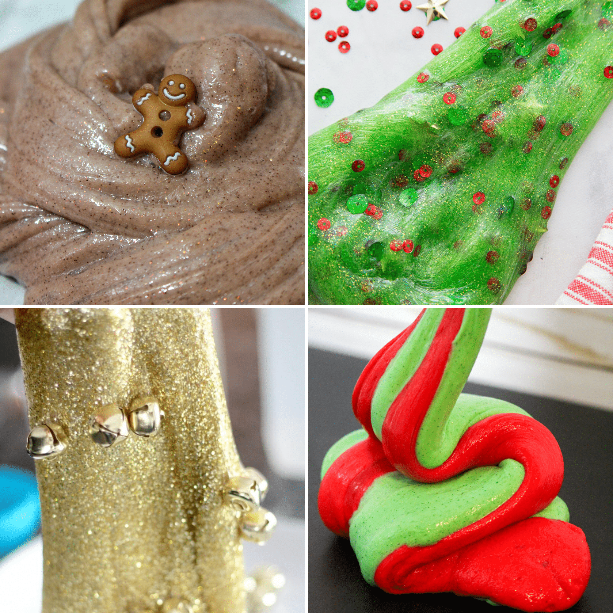 4 Christmas Slime ideas - gingerbread slime, Christmas tree slime, jingle bell slime, red and green slime