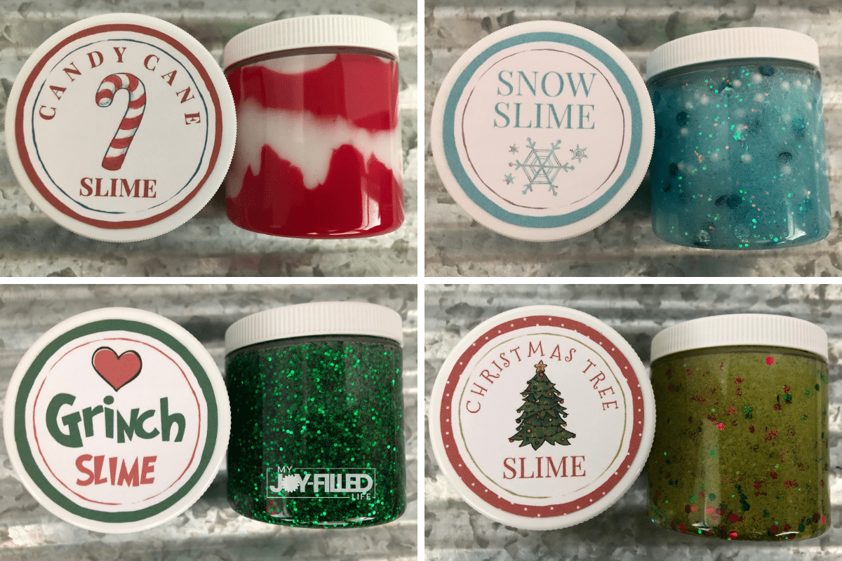 4 Christmas Slime jars with labels - candy cane slime, snow slime, Grinch slime, Christmas tree slime